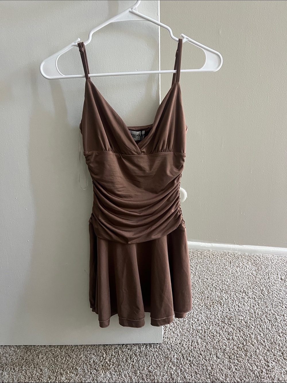 Brown Ruched V-Neck Spaghetti Strap Dress princess polly